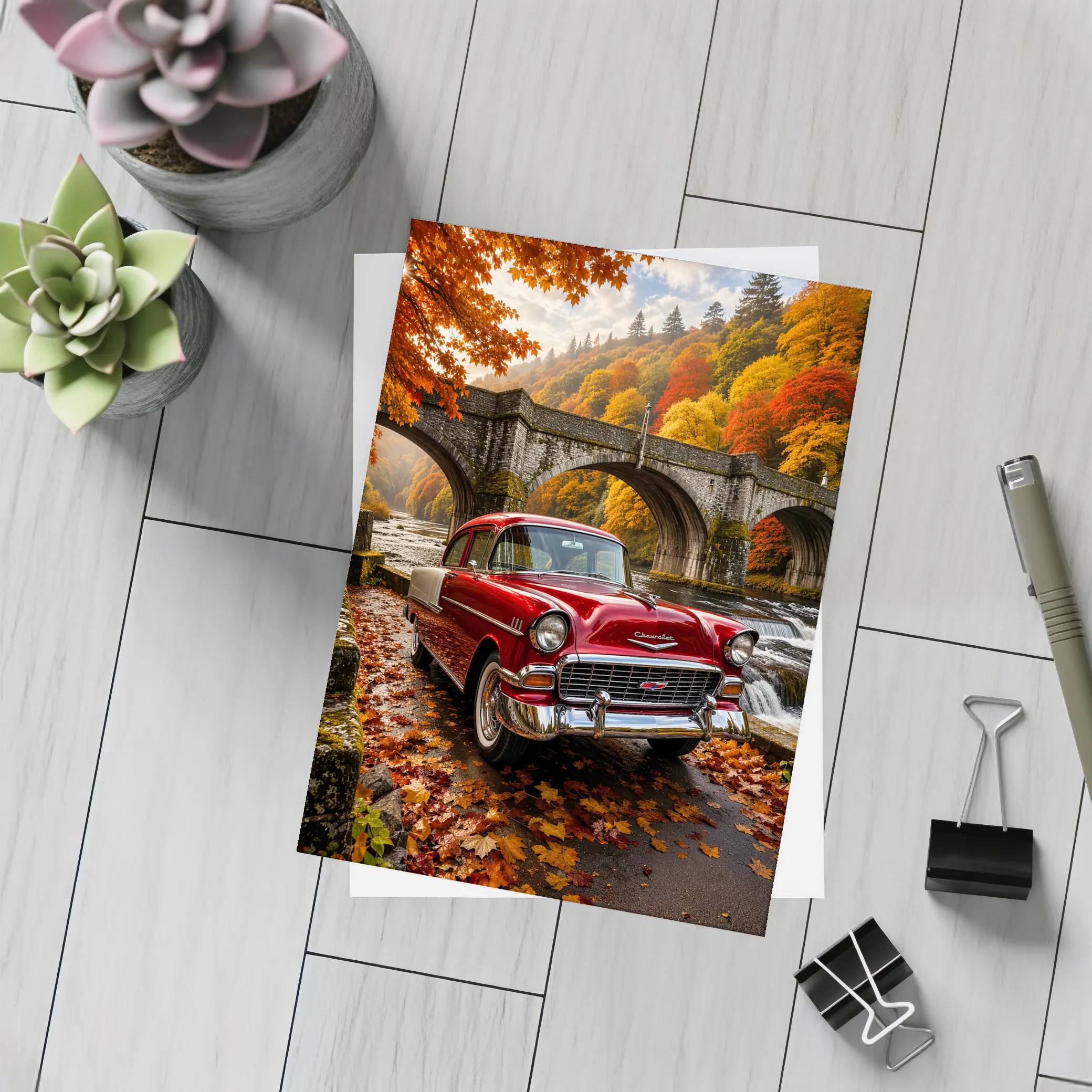Vintage Chevrolet Bel Air Old Stone Bridge – Postcards