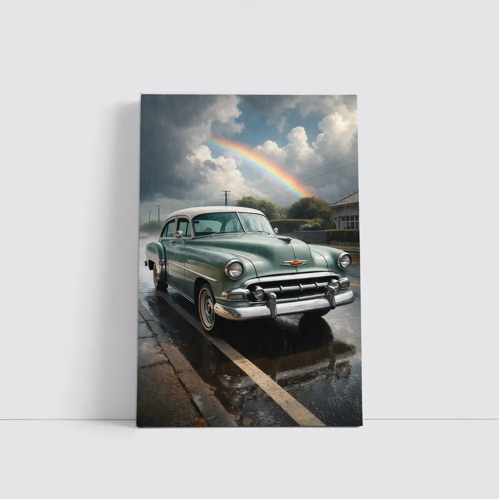 Vintage Chevrolet Bel Air Rainy Rainbow Street – Wall Art