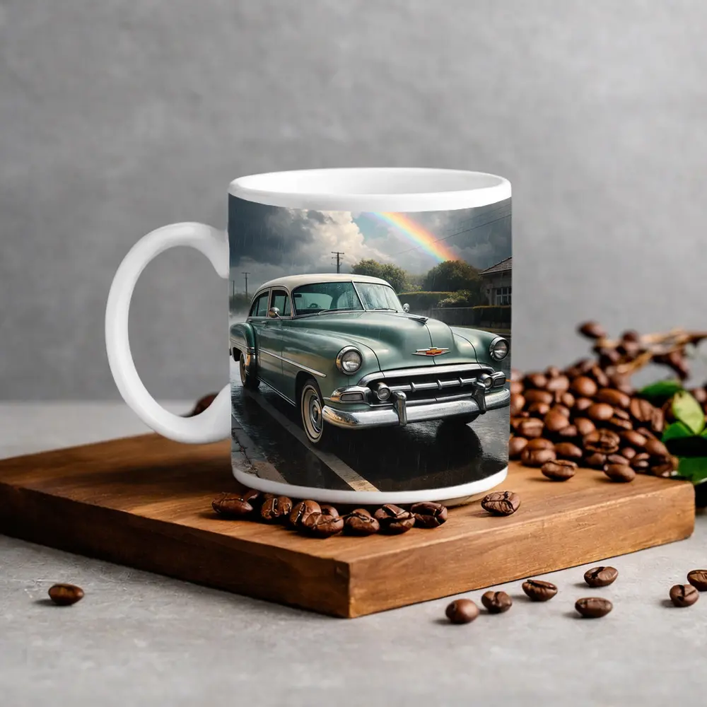 Vintage Chevrolet Bel Air Rainy Rainbow Street – Mugs