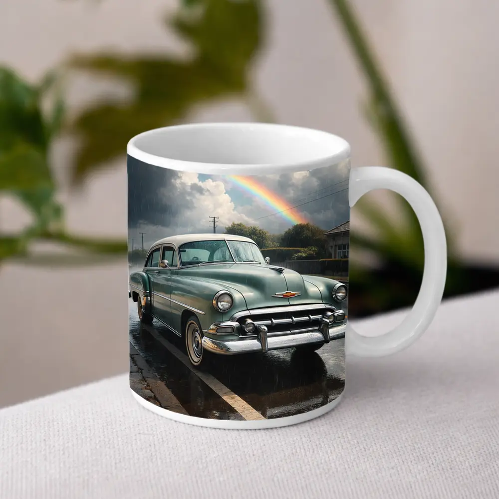 Vintage Chevrolet Bel Air Rainy Rainbow Street – Mugs