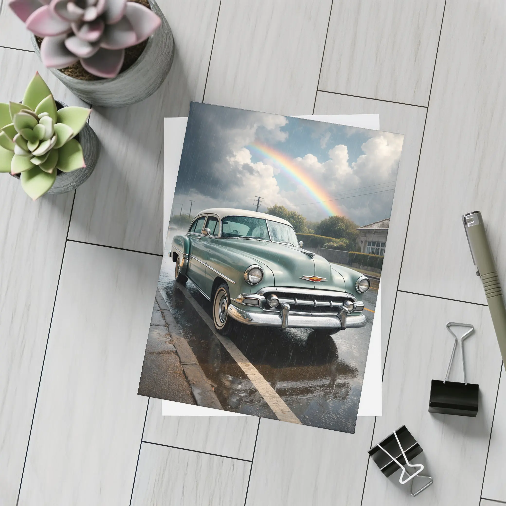 Vintage Chevrolet Bel Air Rainy Rainbow Street – Postcards