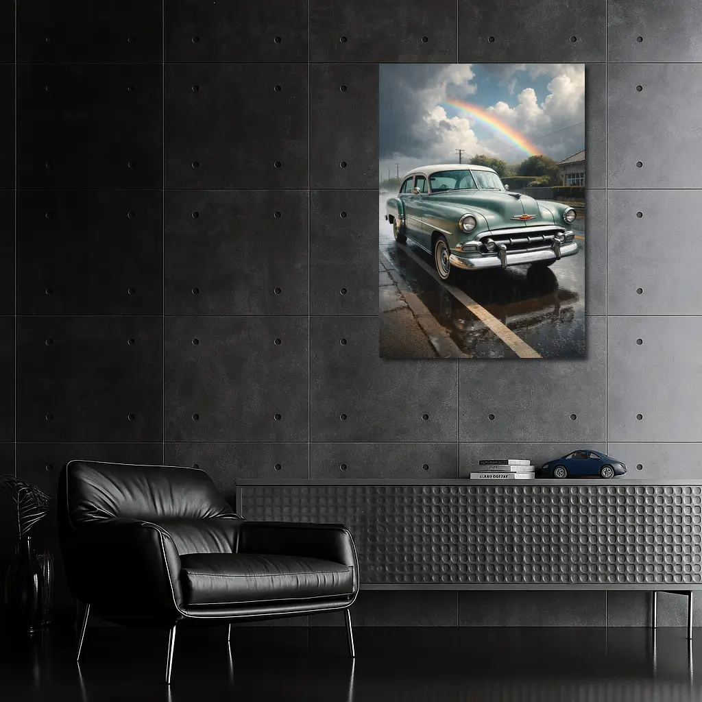 Vintage Chevrolet Bel Air Rainy Rainbow Street – Wall Art