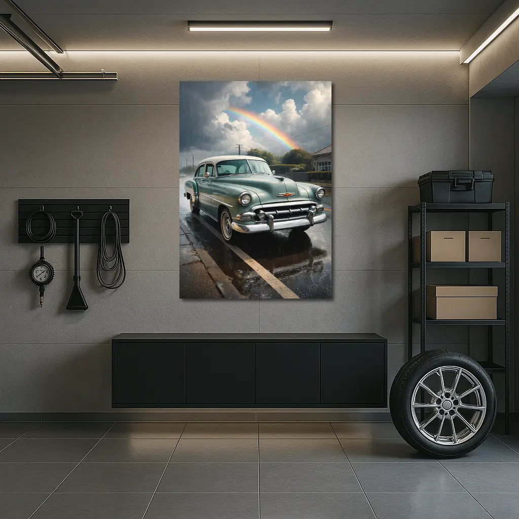 Vintage Chevrolet Bel Air Rainy Rainbow Street – Wall Art