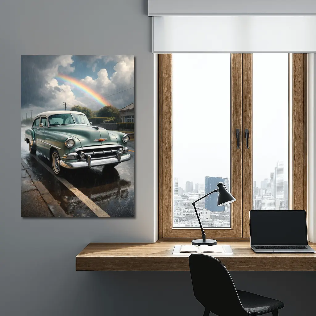 Vintage Chevrolet Bel Air Rainy Rainbow Street – Wall Art