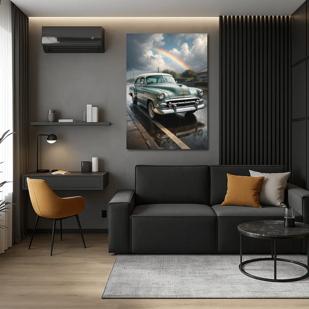 Vintage Chevrolet Bel Air Rainy Rainbow Street – Wall Art