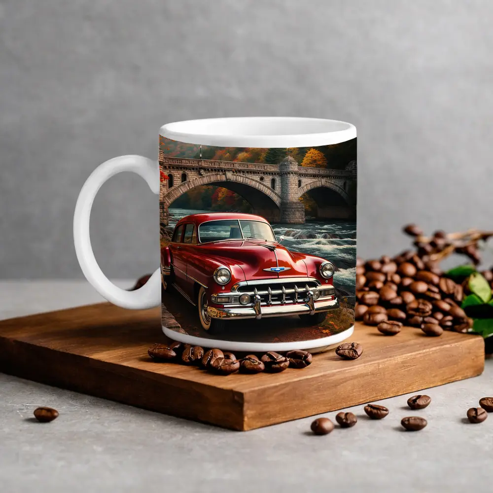 Vintage Chevrolet Red Classic Car Stone Bridge – Mugs