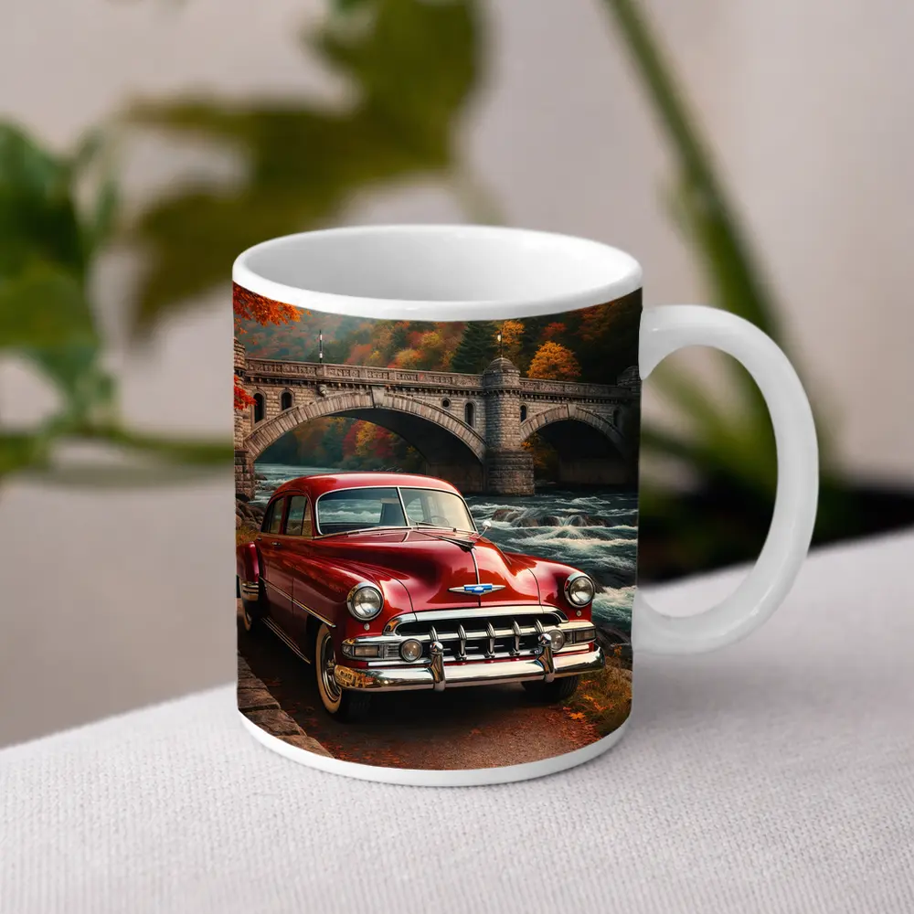 Vintage Chevrolet Red Classic Car Stone Bridge – Mugs