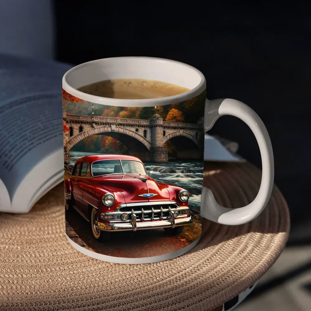 Vintage Chevrolet Red Classic Car Stone Bridge – Mugs
