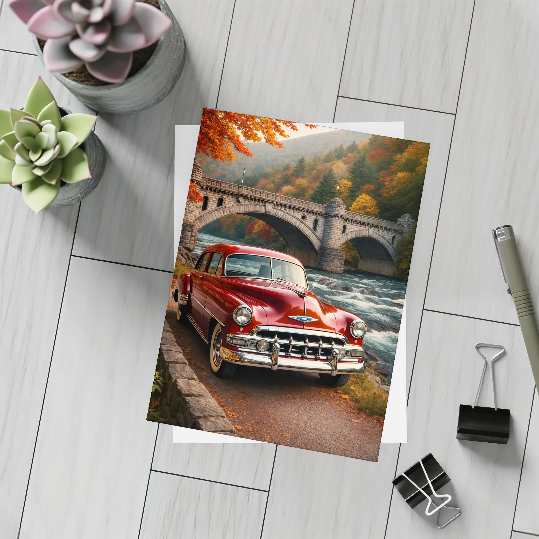 Vintage Chevrolet Red Classic Car Stone Bridge – Postcards