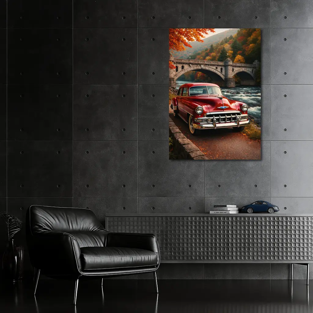 Vintage Chevrolet Red Classic Car Stone Bridge – Wall Art