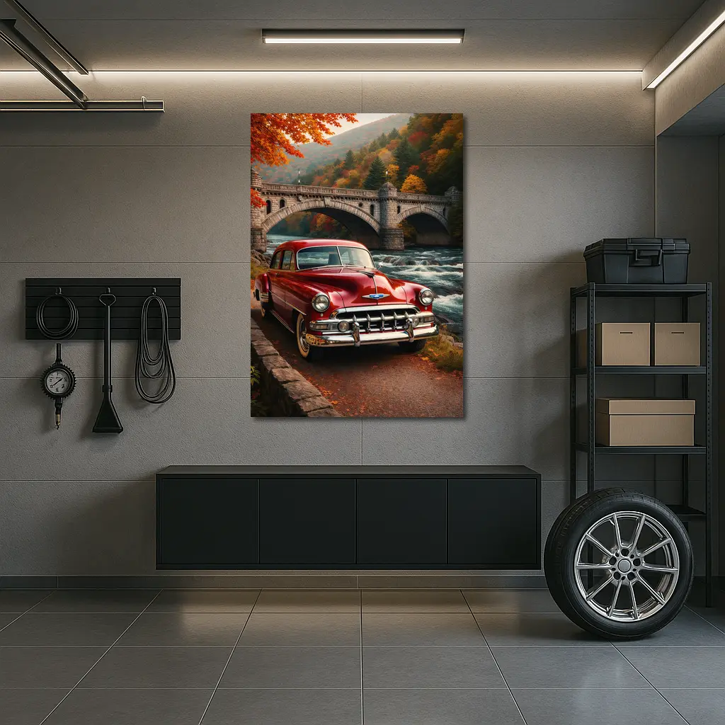 Vintage Chevrolet Red Classic Car Stone Bridge – Wall Art