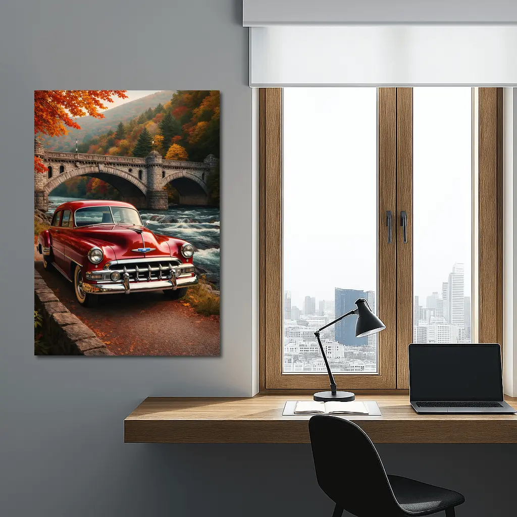 Vintage Chevrolet Red Classic Car Stone Bridge – Wall Art