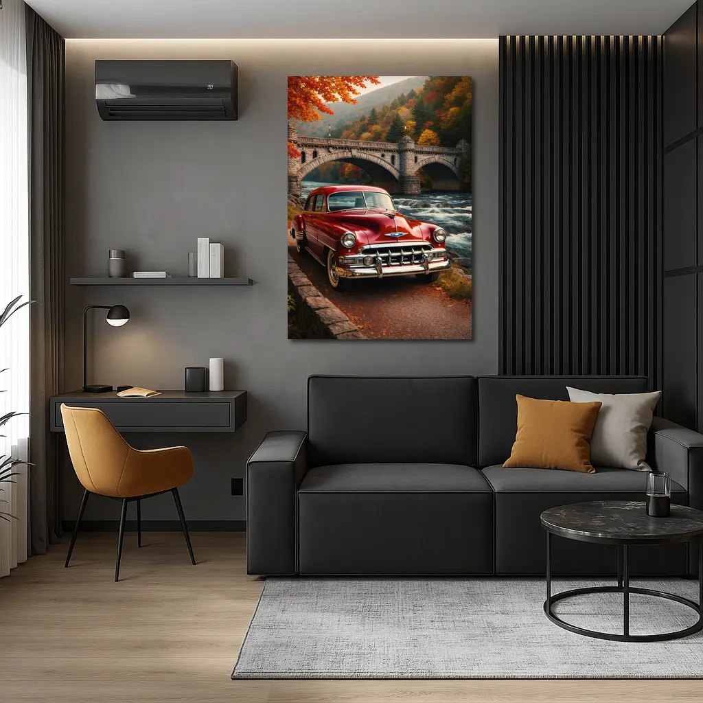 Vintage Chevrolet Red Classic Car Stone Bridge – Wall Art