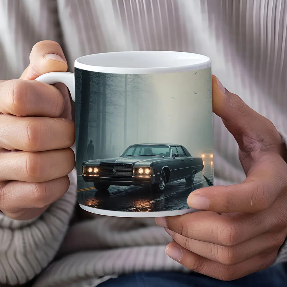 Chrysler Classic Car Foggy Forest Road – Mugs