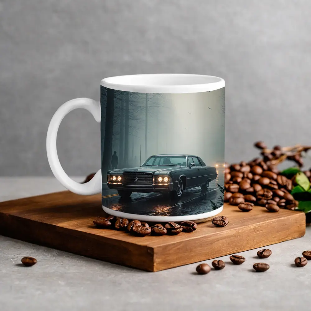 Chrysler Classic Car Foggy Forest Road – Mugs