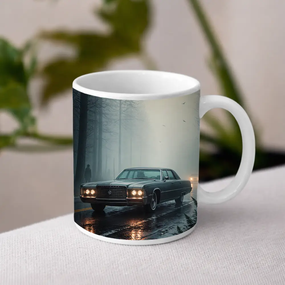 Chrysler Classic Car Foggy Forest Road – Mugs
