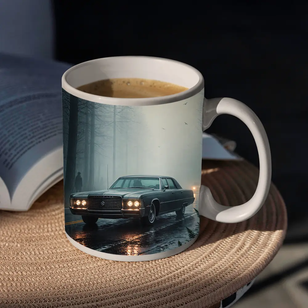 Chrysler Classic Car Foggy Forest Road – Mugs