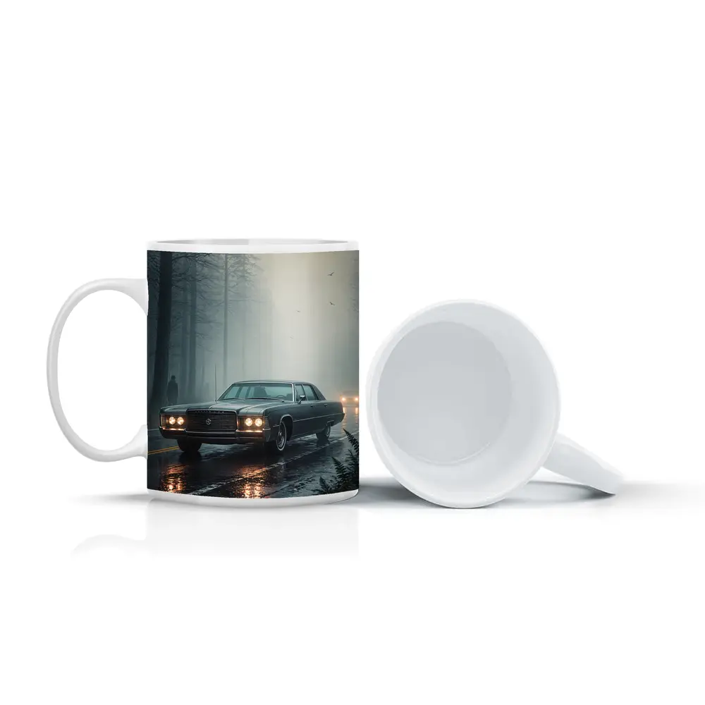 Chrysler Classic Car Foggy Forest Road – Mugs