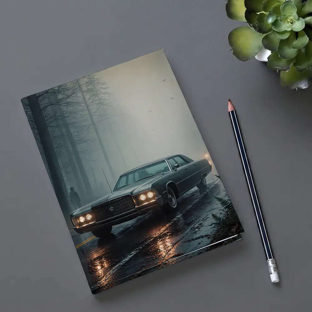 Chrysler Classic Car Foggy Forest Road – Notebooks