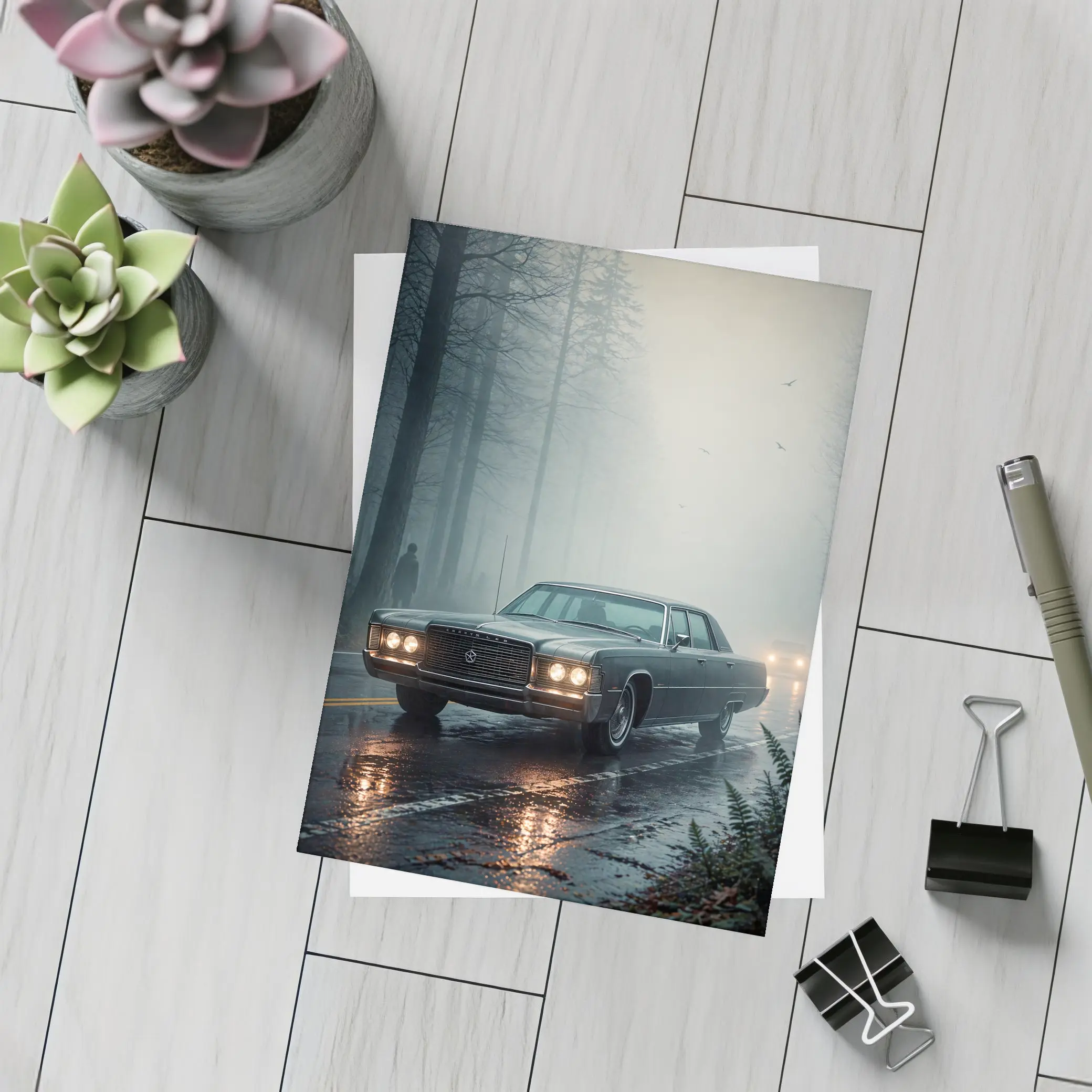 Chrysler Classic Car Foggy Forest Road – Postcards