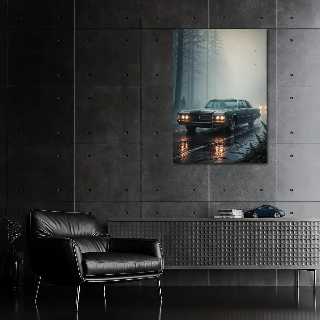 Chrysler Classic Car Foggy Forest Road – Wall Art