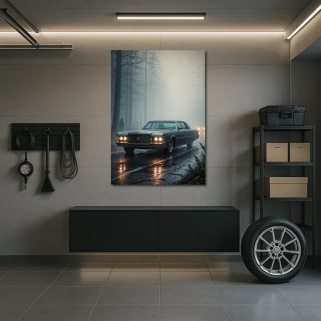Chrysler Classic Car Foggy Forest Road – Wall Art