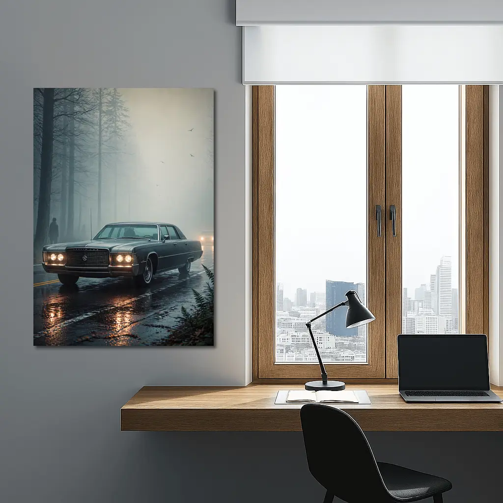 Chrysler Classic Car Foggy Forest Road – Wall Art