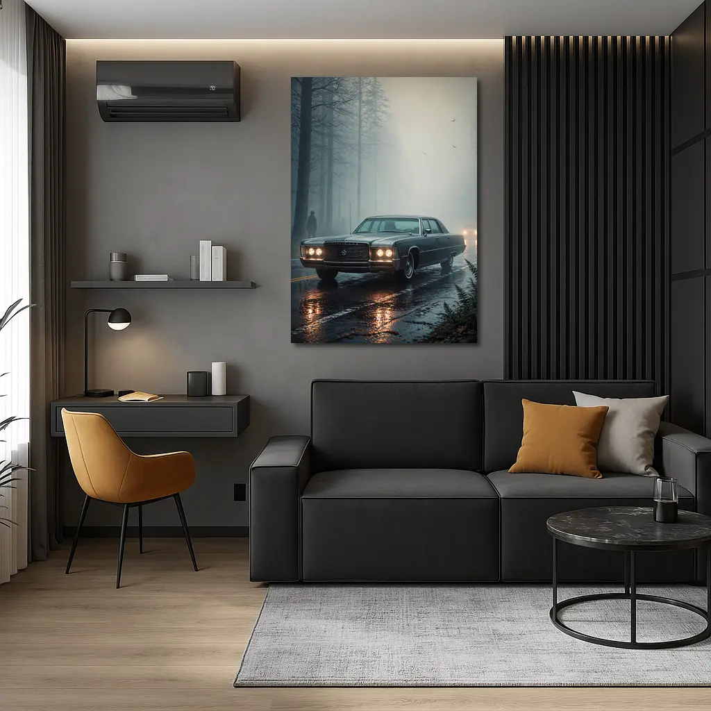 Chrysler Classic Car Foggy Forest Road – Wall Art