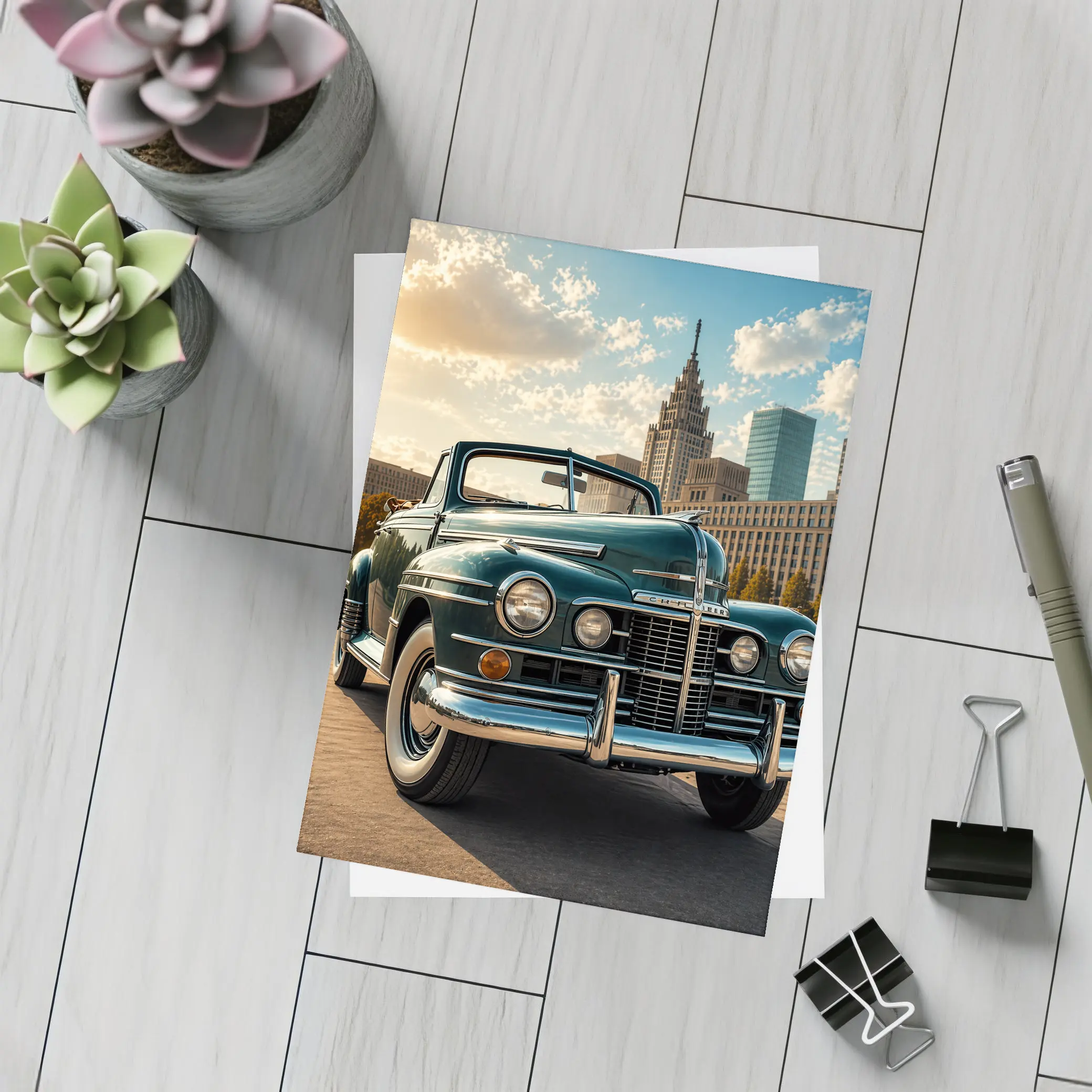 Vintage Chrysler Classic Car City Skyline – Postcards
