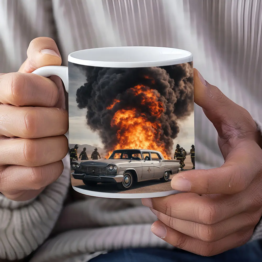 Vintage Chrysler Car Explosion Desert Scene – Mugs