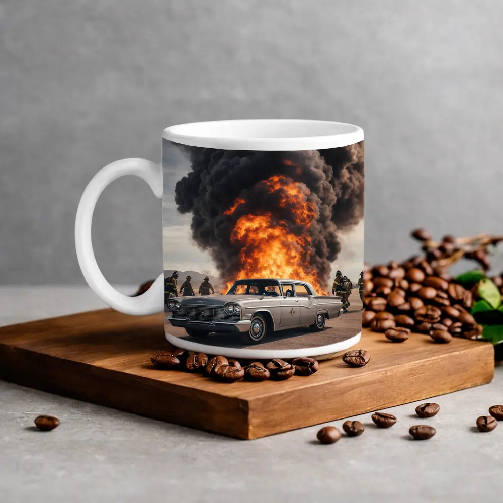 Vintage Chrysler Car Explosion Desert Scene – Mugs