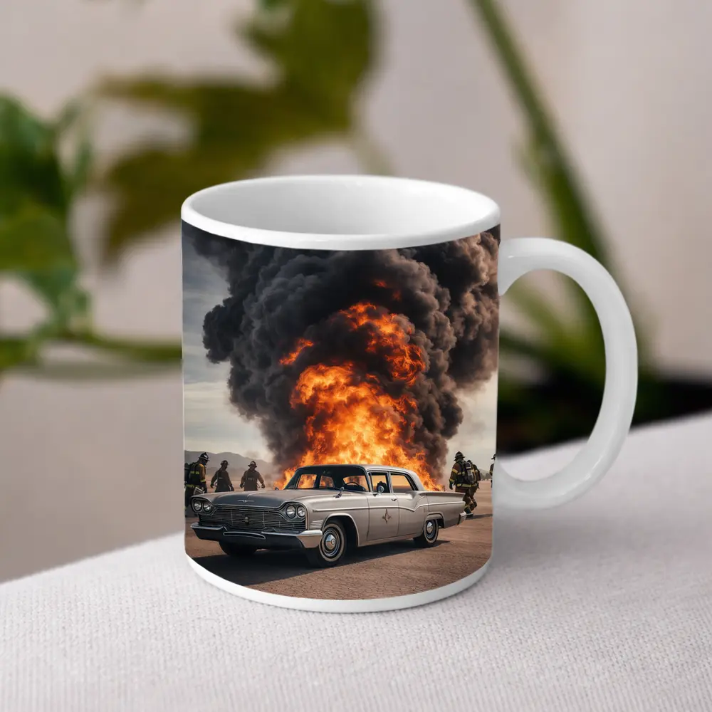 Vintage Chrysler Car Explosion Desert Scene – Mugs