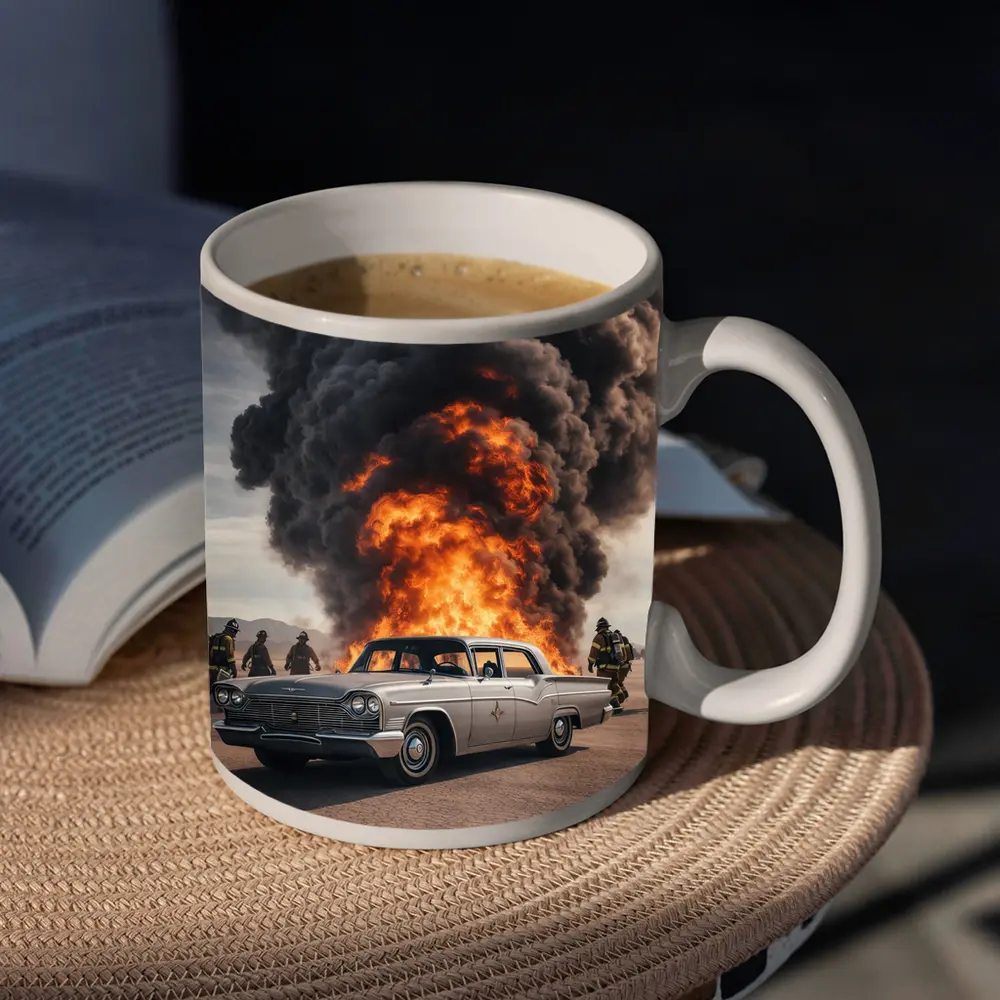 Vintage Chrysler Car Explosion Desert Scene – Mugs