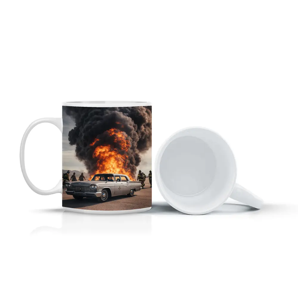 Vintage Chrysler Car Explosion Desert Scene – Mugs