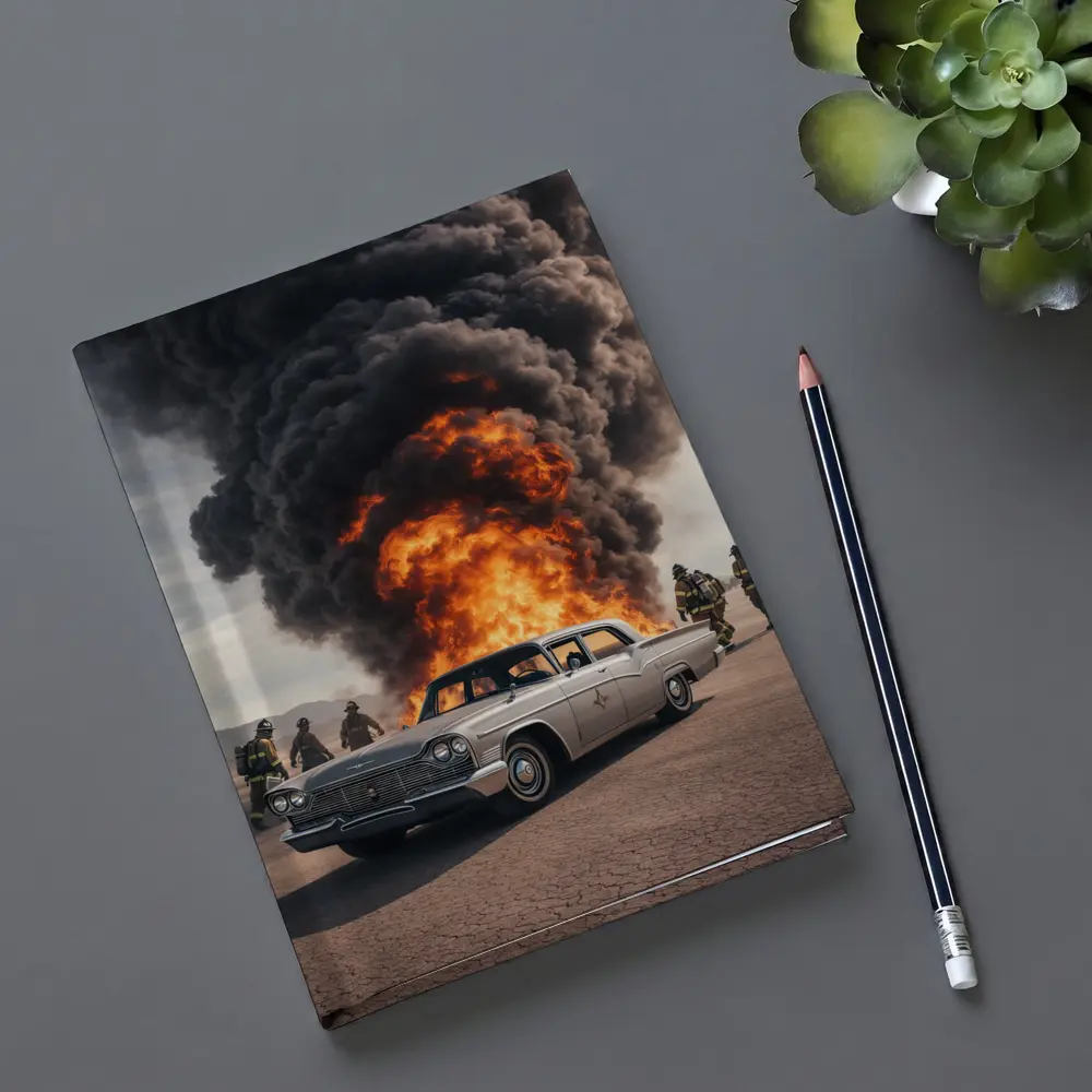 Vintage Chrysler Car Explosion Desert Scene – Notebooks