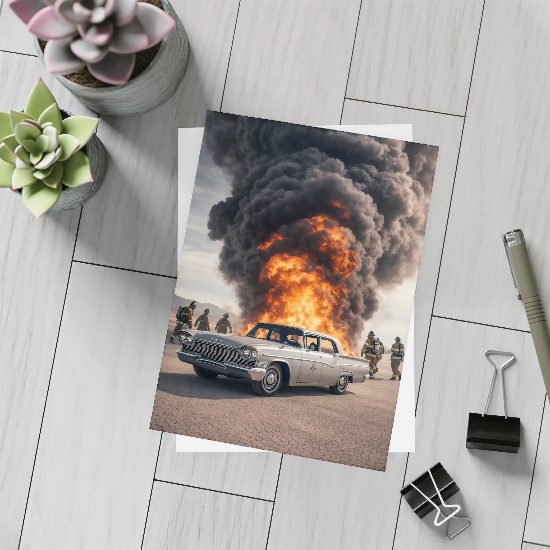 Vintage Chrysler Car Explosion Desert Scene – Postcards