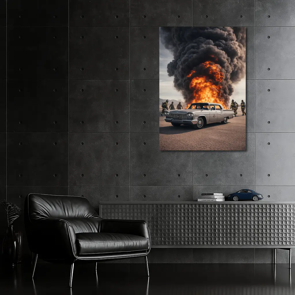 Vintage Chrysler Car Explosion Desert Scene – Wall Art