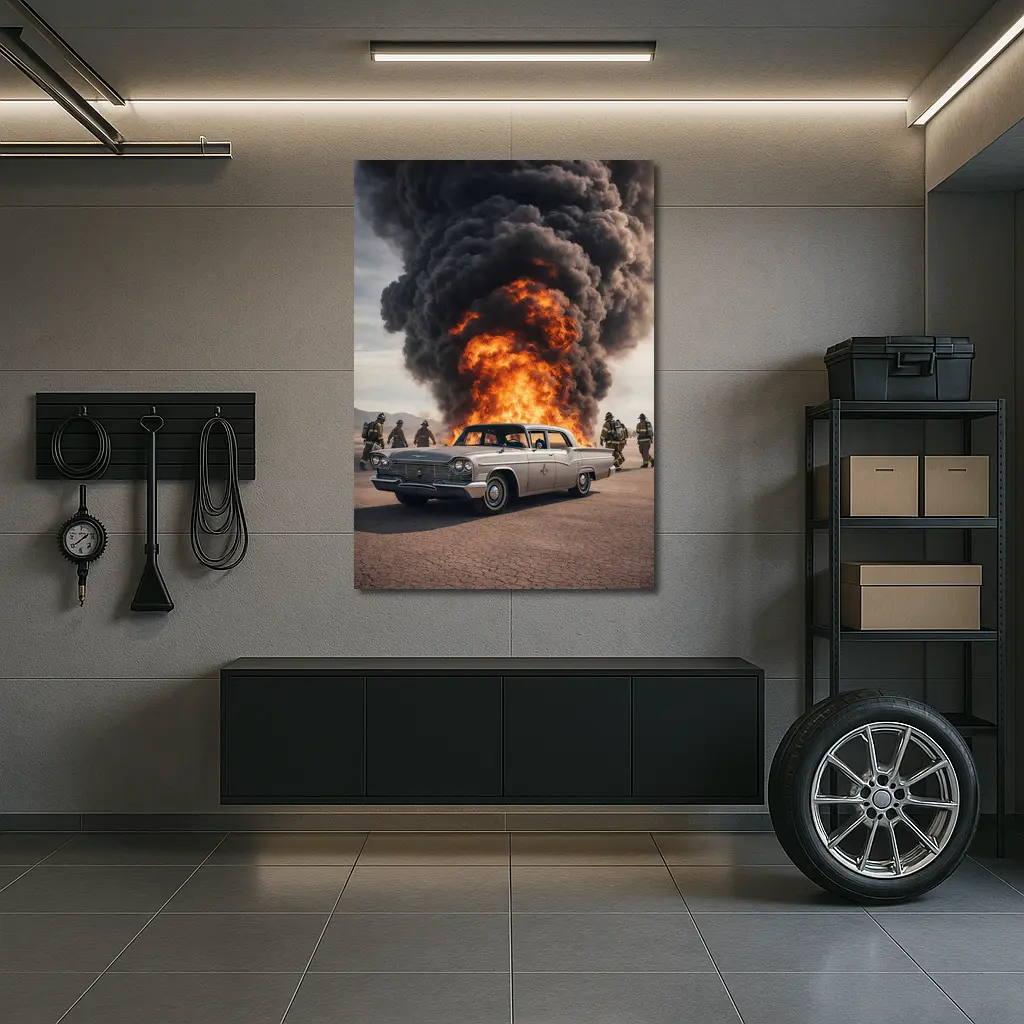 Vintage Chrysler Car Explosion Desert Scene – Wall Art
