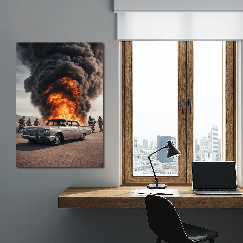 Vintage Chrysler Car Explosion Desert Scene – Wall Art