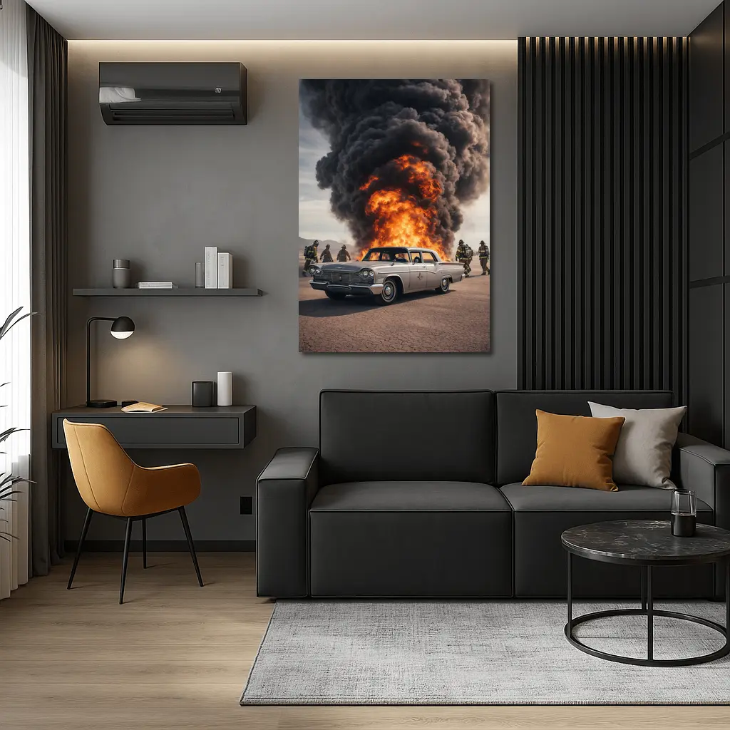 Vintage Chrysler Car Explosion Desert Scene – Wall Art