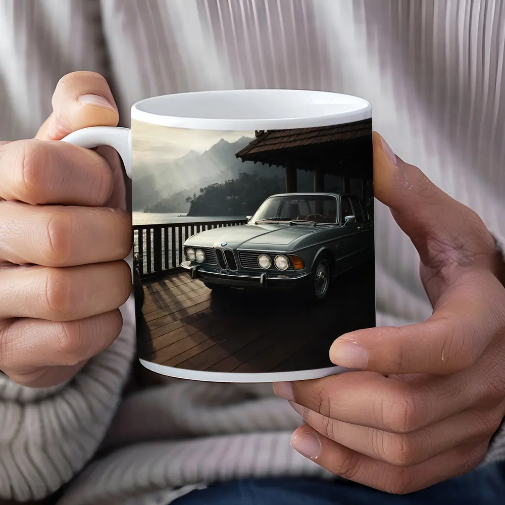 Classic BMW E3 Sedan Mountain Lakeside Setting – Mugs