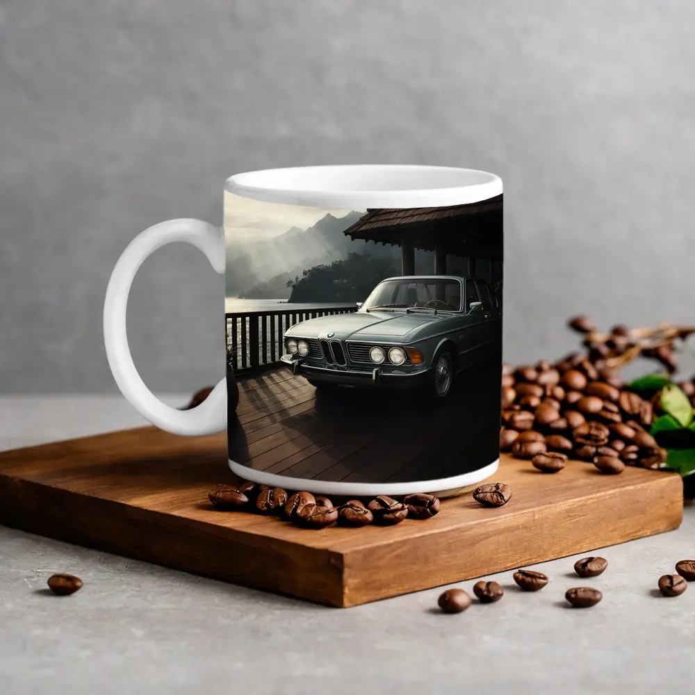 Classic BMW E3 Sedan Mountain Lakeside Setting – Mugs