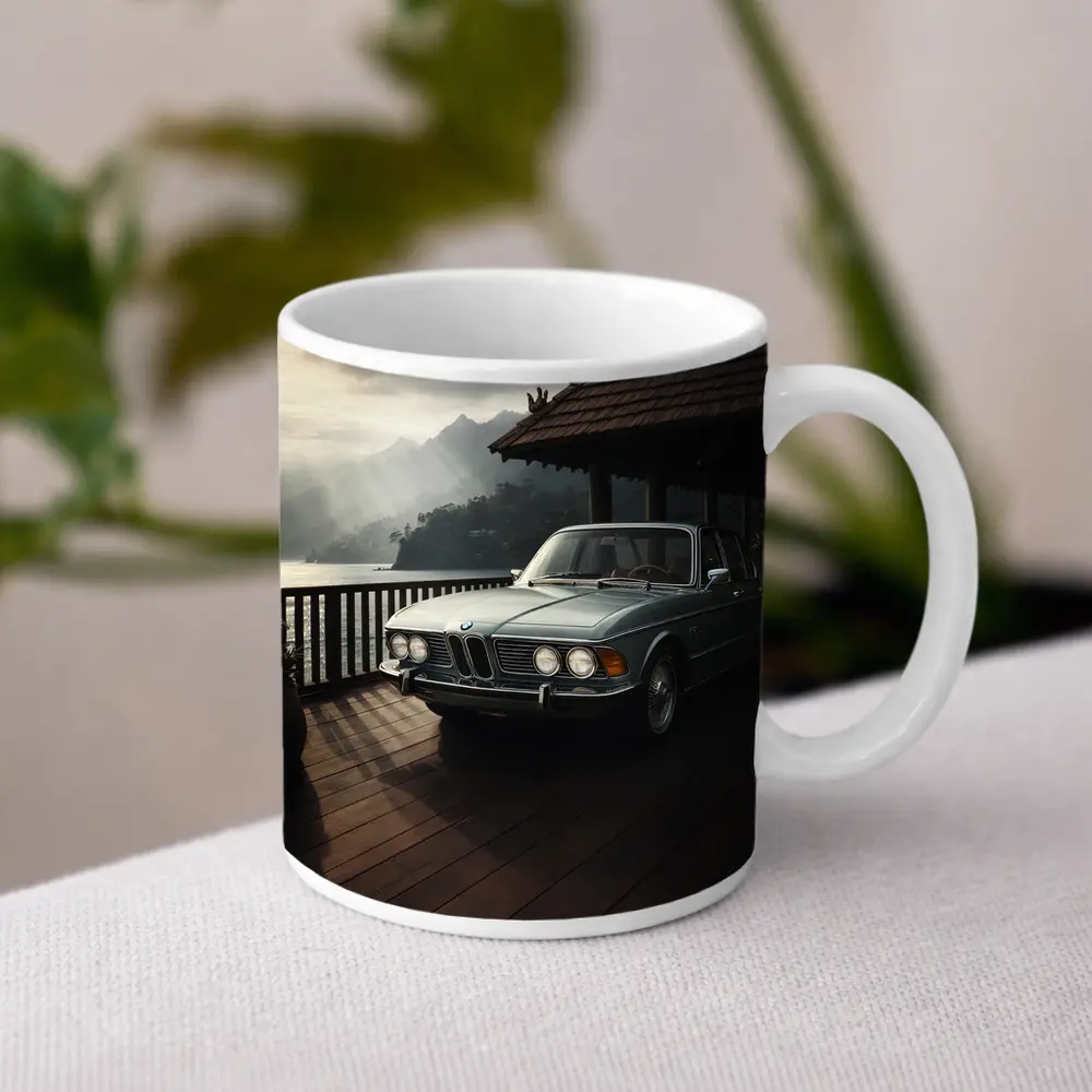 Classic BMW E3 Sedan Mountain Lakeside Setting – Mugs