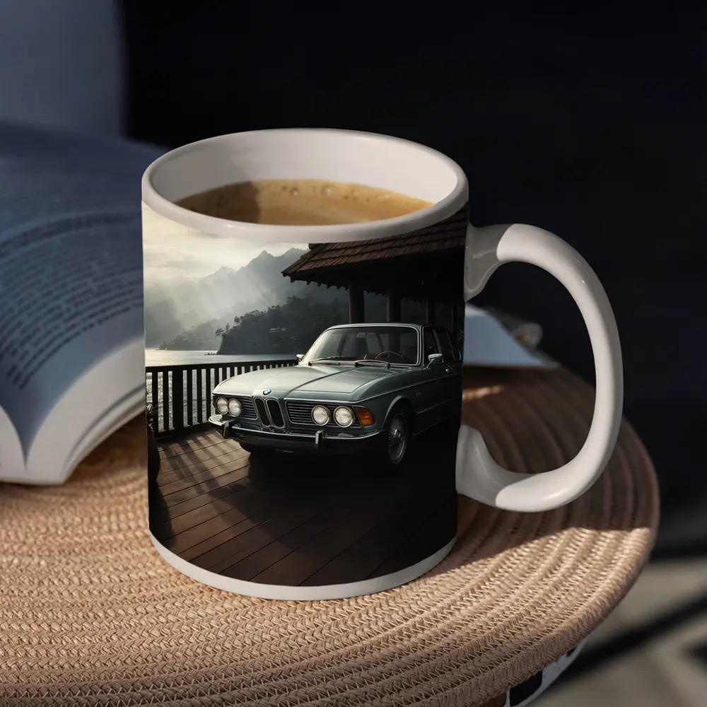 Classic BMW E3 Sedan Mountain Lakeside Setting – Mugs