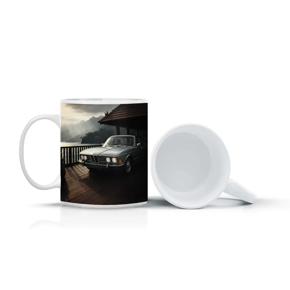Classic BMW E3 Sedan Mountain Lakeside Setting – Mugs