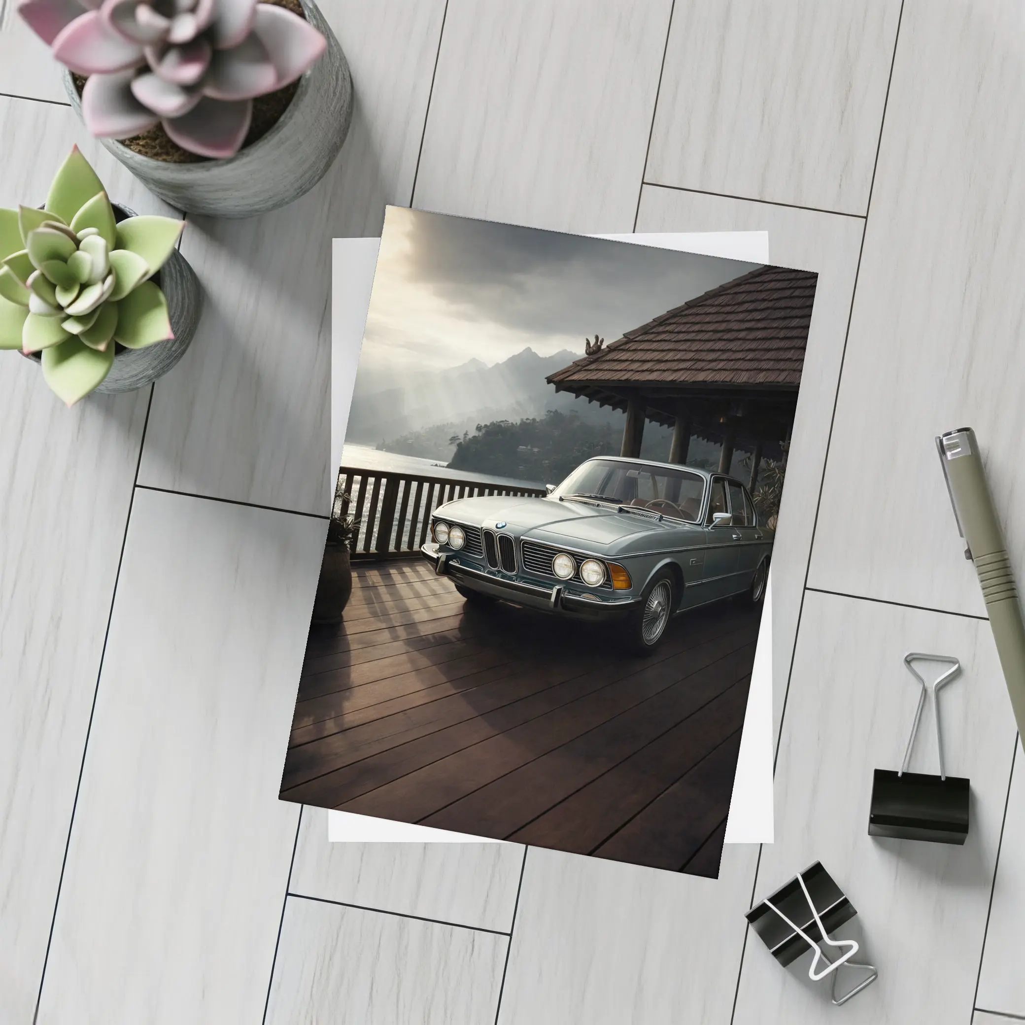 Classic BMW E3 Sedan Mountain Lakeside Setting – Postcards