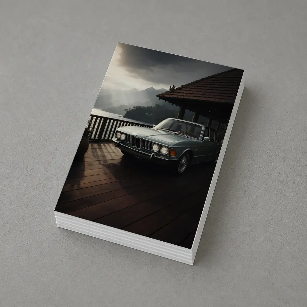 Classic BMW E3 Sedan Mountain Lakeside Setting – Postcards