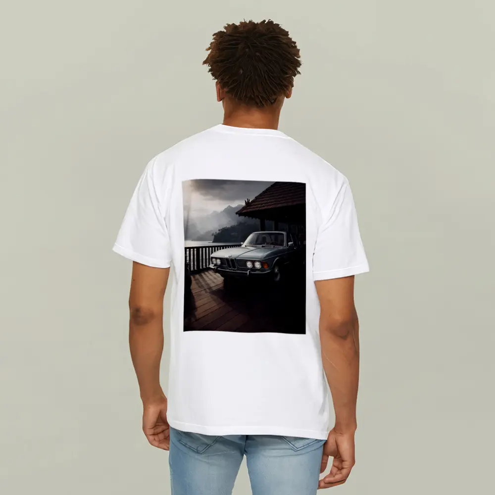 Classic BMW E3 Sedan Mountain Lakeside Setting – T-Shirts