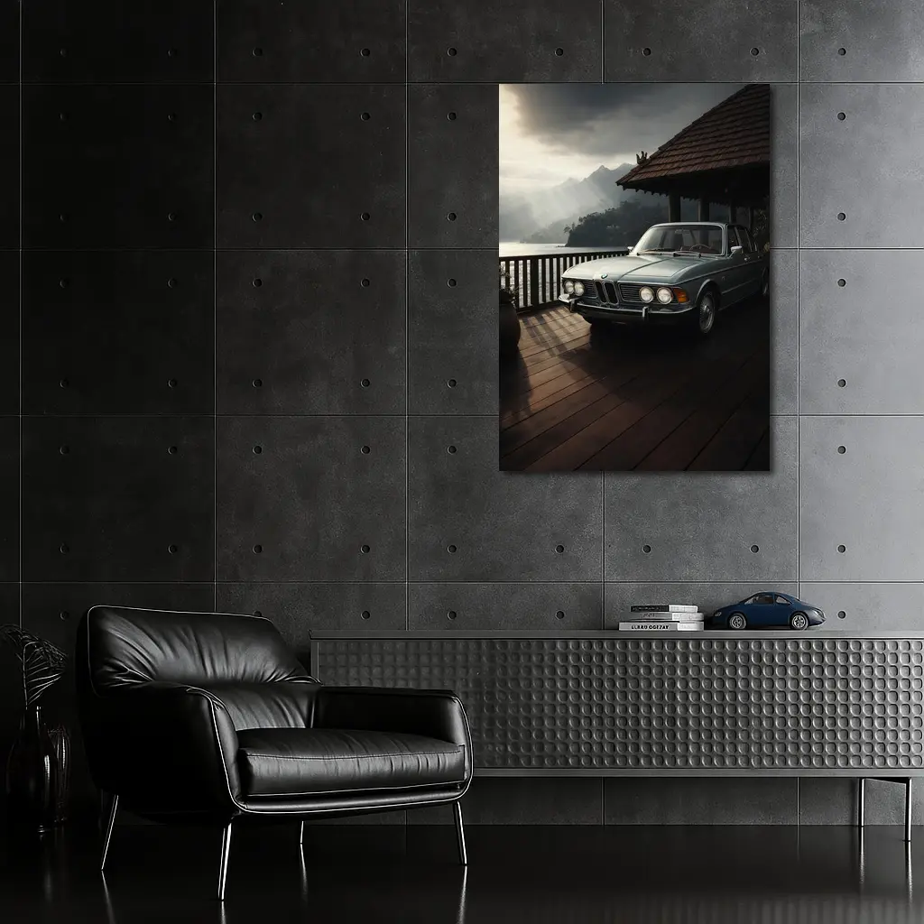 Classic BMW E3 Sedan Mountain Lakeside Setting – Wall Art