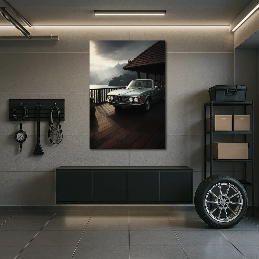 Classic BMW E3 Sedan Mountain Lakeside Setting – Wall Art